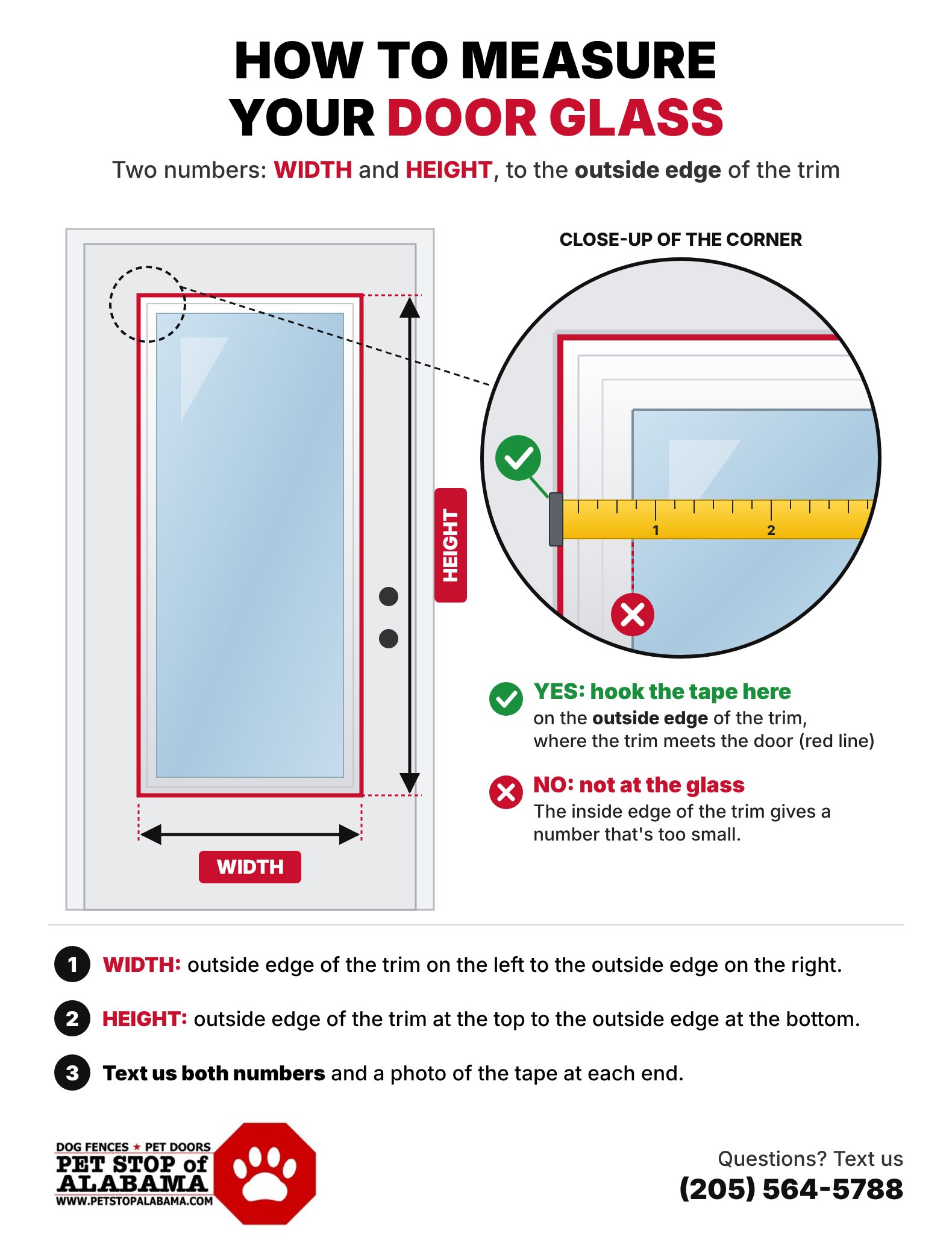Diagram: measure door glass width and height to the outside edge of the trim. Hook the tape where the trim meets the door, not at the glass.