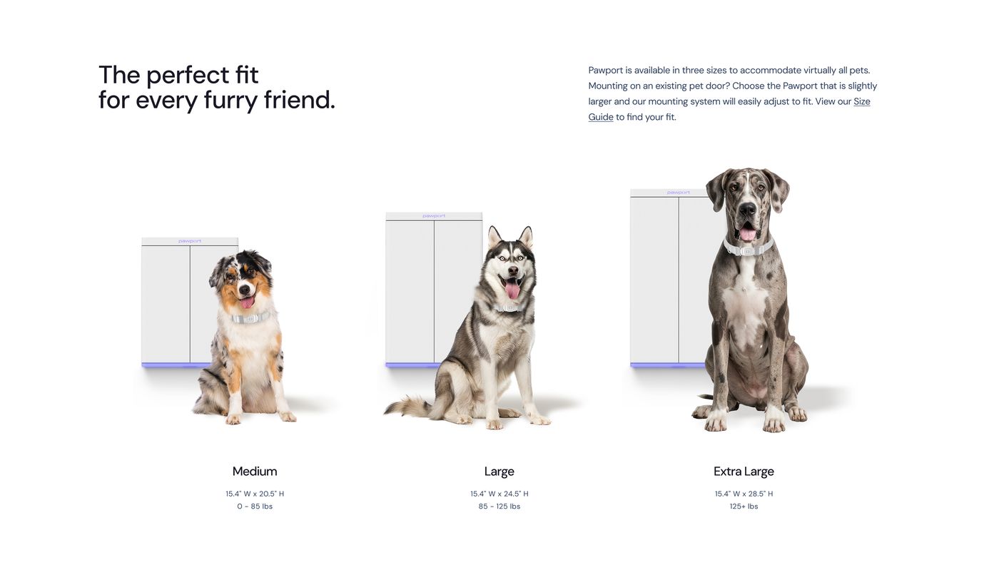 Pawport size comparison showing Medium, Large, and Extra Large doors beside dogs of matching size